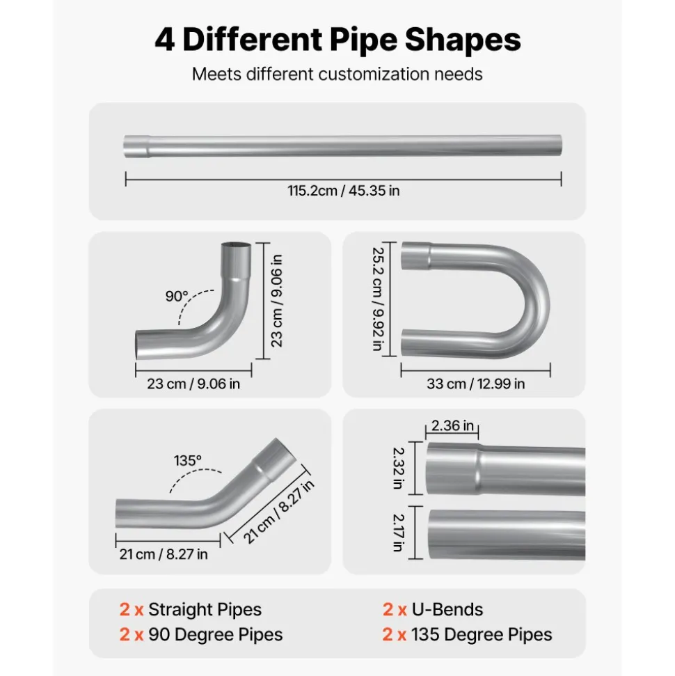 VEVOR Exhaust Pipe, 8 Pcs 2.25 Inch Mild Steel DIY Custom Exhaust Tubing Straight & U-Bend Kit with 90 & 135 Degree Pipes, Galvanized Surface Finish, Universal Fit for Truck, Sedan, Sports Car, SUV