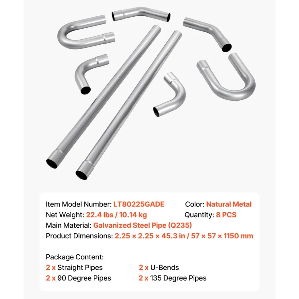 VEVOR Exhaust Pipe, 8 Pcs 2.25 Inch Mild Steel DIY Custom Exhaust Tubing Straight & U-Bend Kit with 90 & 135 Degree Pipes, Galvanized Surface Finish, Universal Fit for Truck, Sedan, Sports Car, SUV