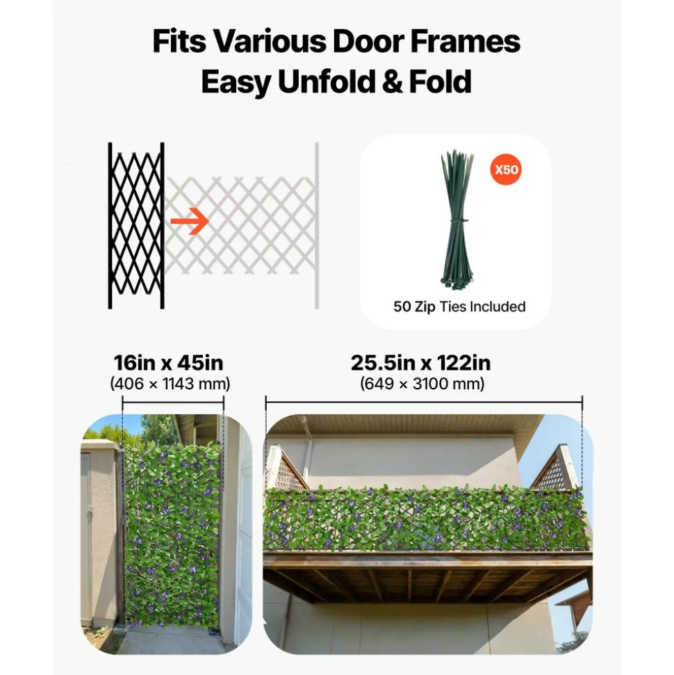 VEVOR Expandable Fence Privacy Screen, 25.5 x 122 in Expand Artificial Plant Wall, Realistic Artificial Ivy Panel with 50 Zip Ties, Decorative Faux Greenery Backdrop Hedges for Balcony Patio Outdoor