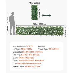 VEVOR Expandable Fence Privacy Screen, 25 x 126 in Expand Artificial Plant Wall, Realistic Artificial Ivy Panel with 50 Zip Ties, Decorative Faux Greenery Backdrop Hedges for Balcony Patio Outdoor