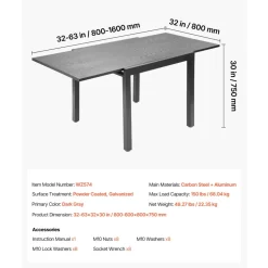 VEVOR Expandable Outdoor Patio Dining Table, 32–63 inch Rectangular Backyard Bistro Tables for 4-6, Aluminum Frame Metal Steel Slat , All-Weather Large Furniture for Lawn Garden Porch, Dark Gray
