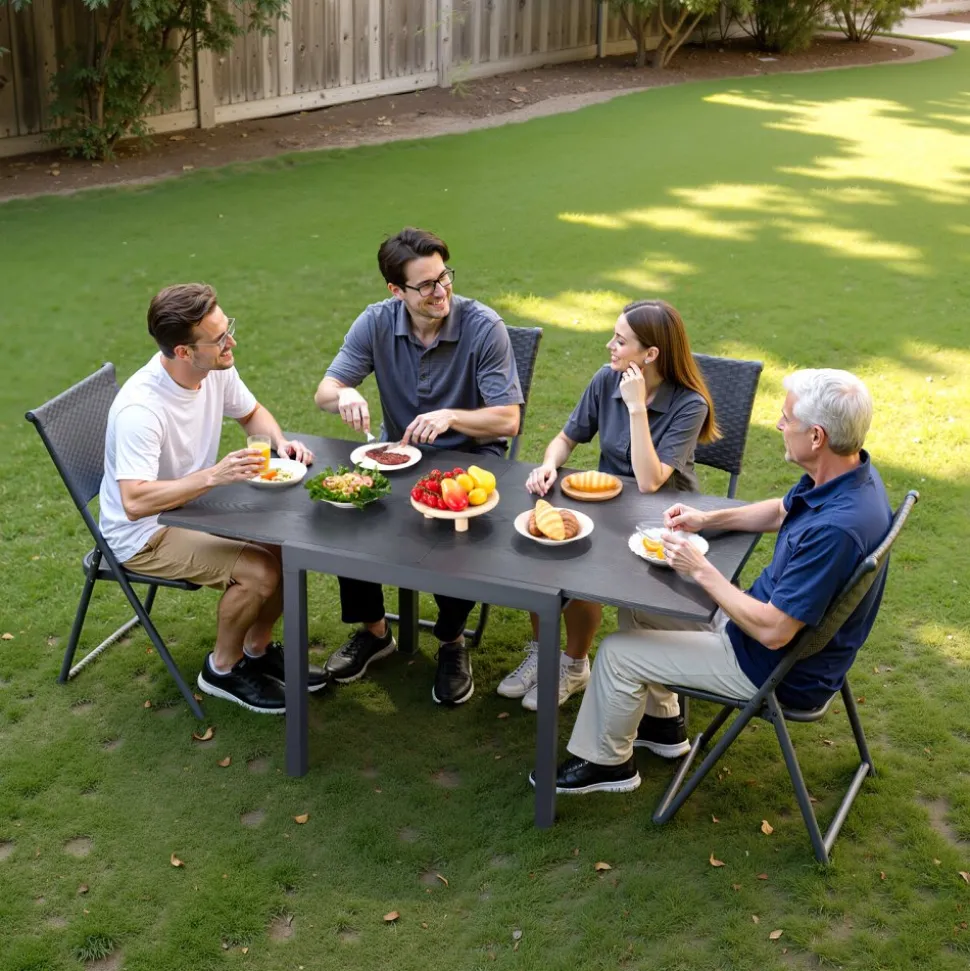 VEVOR Expandable Outdoor Patio Dining Table, 32–63 inch Rectangular Backyard Bistro Tables for 4-6, Aluminum Frame Metal Steel Slat , All-Weather Large Furniture for Lawn Garden Porch, Dark Gray