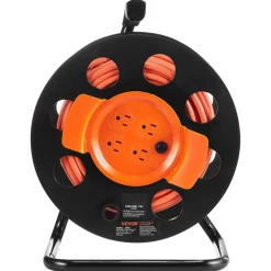 VEVOR Extension Cord Reel, 100FT, with 4 Outlets and Dust Cover, Heavy Duty 12AWG SJTOW Power Cord, Manual Cord Reel with Portable Handle Circuit Breaker, for Toolshed Garage, Tested to UL Standards