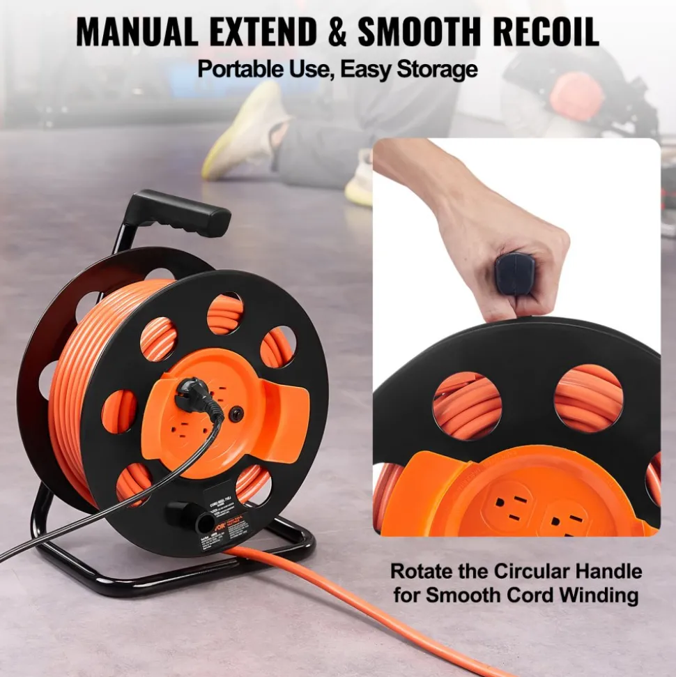 VEVOR Extension Cord Reel, 100FT, with 4 Outlets and Dust Cover, Heavy Duty 12AWG SJTOW Power Cord, Manual Cord Reel with Portable Handle Circuit Breaker, for Toolshed Garage, Tested to UL Standards