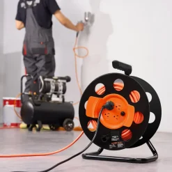 VEVOR Extension Cord Reel, 100FT, with 4 Outlets and Dust Cover, Heavy Duty 12AWG SJTOW Power Cord, Manual Cord Reel with Portable Handle Circuit Breaker, for Toolshed Garage, Tested to UL Standards