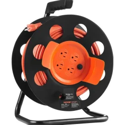 VEVOR Extension Cord Reel, 100FT, with 4 Outlets and Dust Cover, Heavy Duty 12AWG SJTOW Power Cord, Manual Cord Reel with Portable Handle Circuit Breaker, for Toolshed Garage, Tested to UL Standards