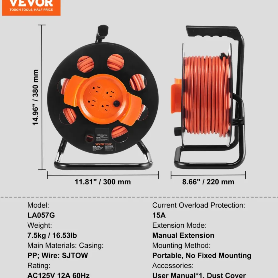 VEVOR Extension Cord Reel, 100FT, with 4 Outlets and Dust Cover, Heavy Duty 12AWG SJTOW Power Cord, Manual Cord Reel with Portable Handle Circuit Breaker, for Toolshed Garage, Tested to UL Standards