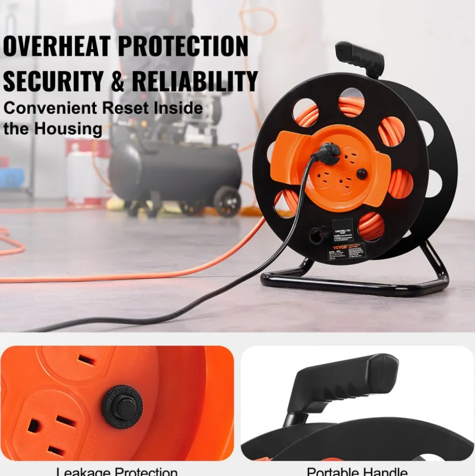 VEVOR Extension Cord Reel, 100FT, with 4 Outlets and Dust Cover, Heavy Duty 14AWG SJTOW Power Cord, Manual Cord Reel with Portable Handle Circuit Breaker, for Toolshed Garage, Tested to UL Standards