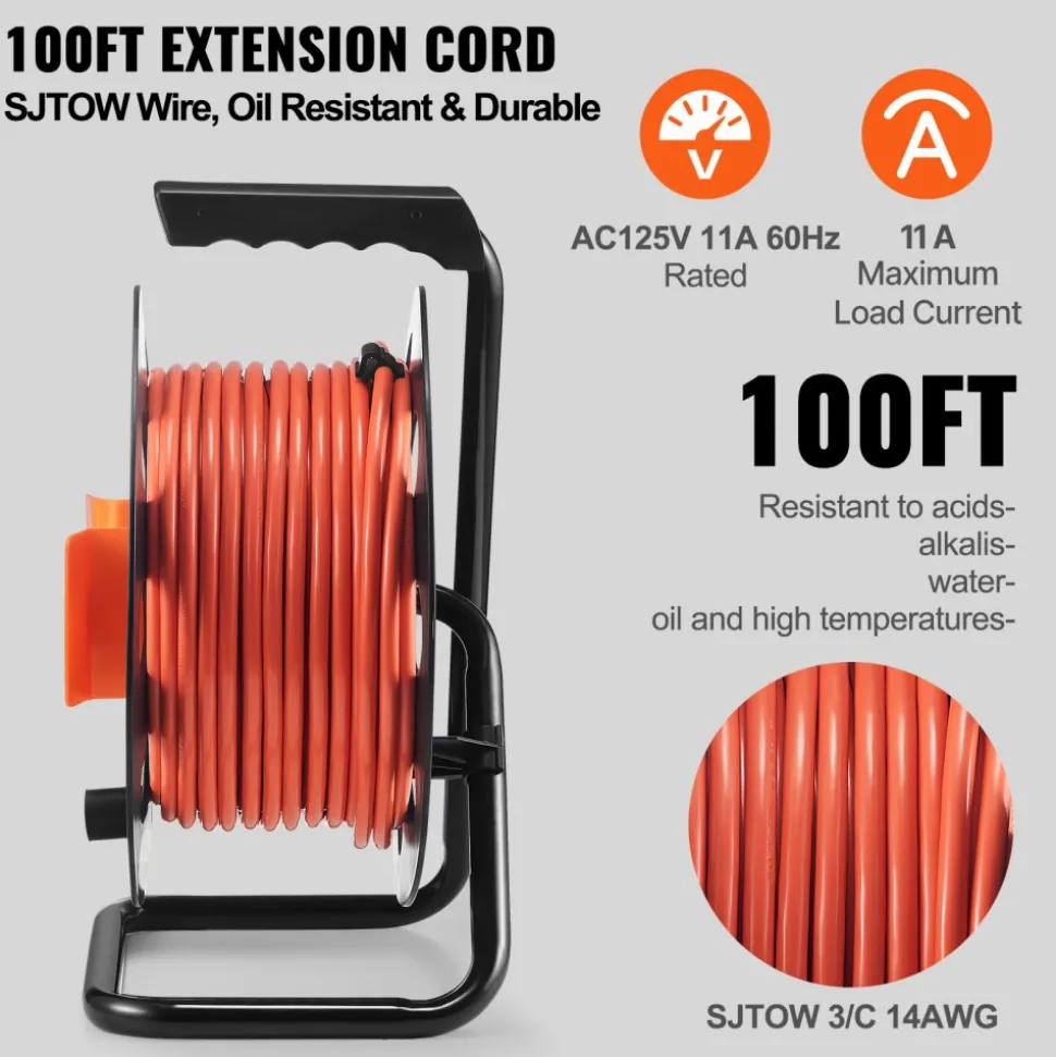 VEVOR Extension Cord Reel, 100FT, with 4 Outlets and Dust Cover, Heavy Duty 14AWG SJTOW Power Cord, Manual Cord Reel with Portable Handle Circuit Breaker, for Toolshed Garage, Tested to UL Standards