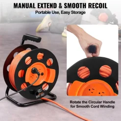 VEVOR Extension Cord Reel, 100FT, with 4 Outlets and Dust Cover, Heavy Duty 14AWG SJTOW Power Cord, Manual Cord Reel with Portable Handle Circuit Breaker, for Toolshed Garage, Tested to UL Standards