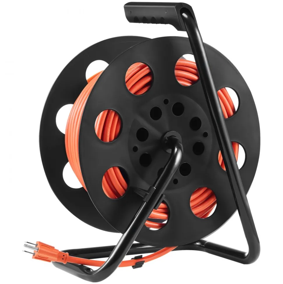 VEVOR Extension Cord Reel, 100FT, with 4 Outlets and Dust Cover, Heavy Duty 14AWG SJTOW Power Cord, Manual Cord Reel with Portable Handle Circuit Breaker, for Toolshed Garage, Tested to UL Standards