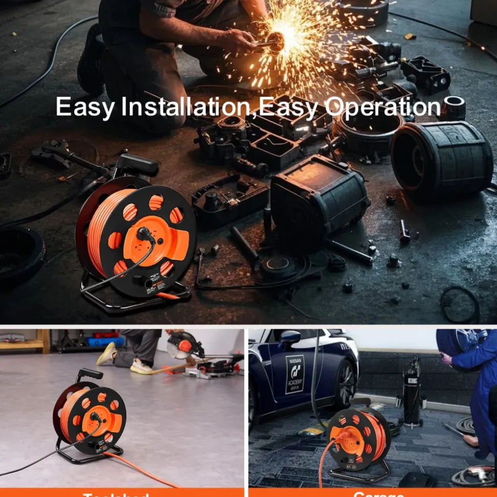 VEVOR Extension Cord Reel, 100FT, with 4 Outlets and Dust Cover, Heavy Duty 14AWG SJTOW Power Cord, Manual Cord Reel with Portable Handle Circuit Breaker, for Toolshed Garage, Tested to UL Standards
