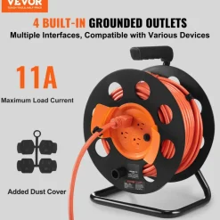 VEVOR Extension Cord Reel, 100FT, with 4 Outlets and Dust Cover, Heavy Duty 14AWG SJTOW Power Cord, Manual Cord Reel with Portable Handle Circuit Breaker, for Toolshed Garage, Tested to UL Standards