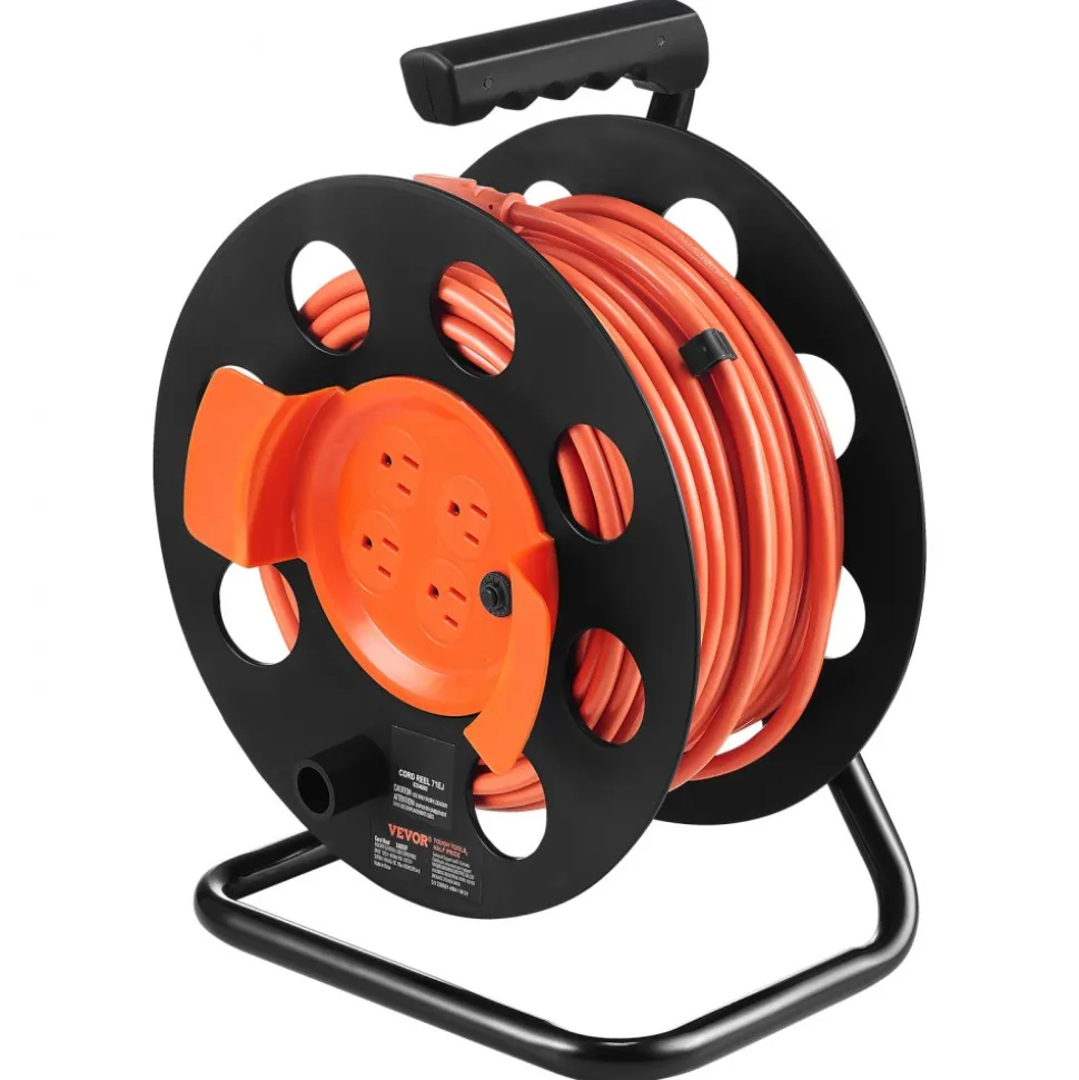 VEVOR Extension Cord Reel, 100FT, with 4 Outlets and Dust Cover, Heavy Duty 14AWG SJTOW Power Cord, Manual Cord Reel with Portable Handle Circuit Breaker, for Toolshed Garage, Tested to UL Standards
