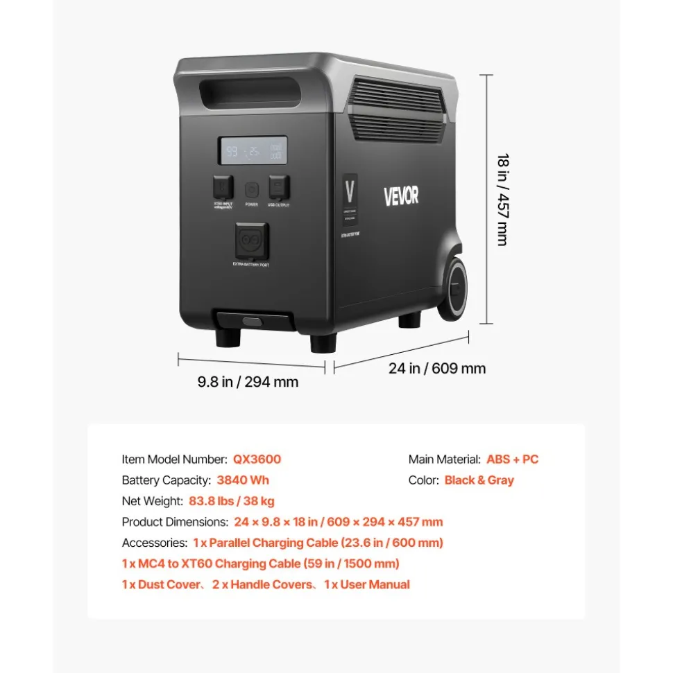 VEVOR Extra Battery for Portable Power Station, 3840Wh LiFePO4 Extra Expansion Battery with 3 Output Ports for Home Use, Outdoor Camping, Road Trips, RVs, Emergencies