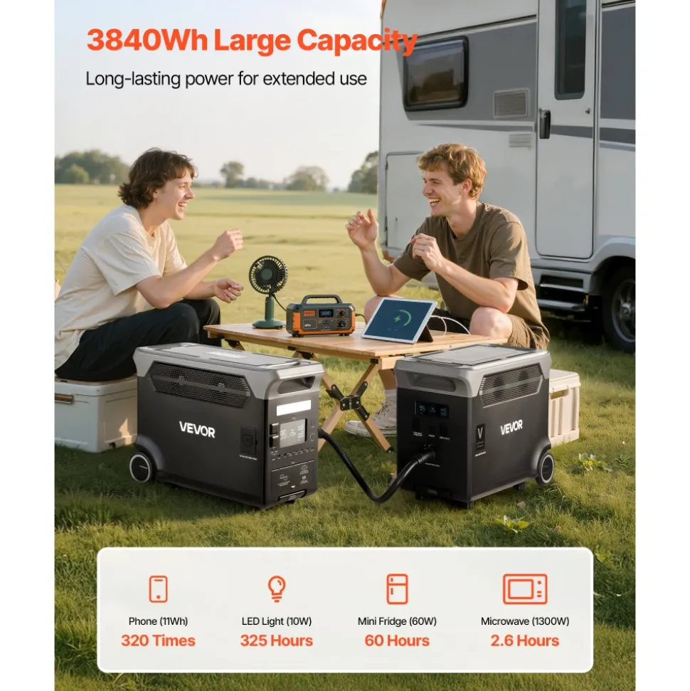 VEVOR Extra Battery for Portable Power Station, 3840Wh LiFePO4 Extra Expansion Battery with 3 Output Ports for Home Use, Outdoor Camping, Road Trips, RVs, Emergencies