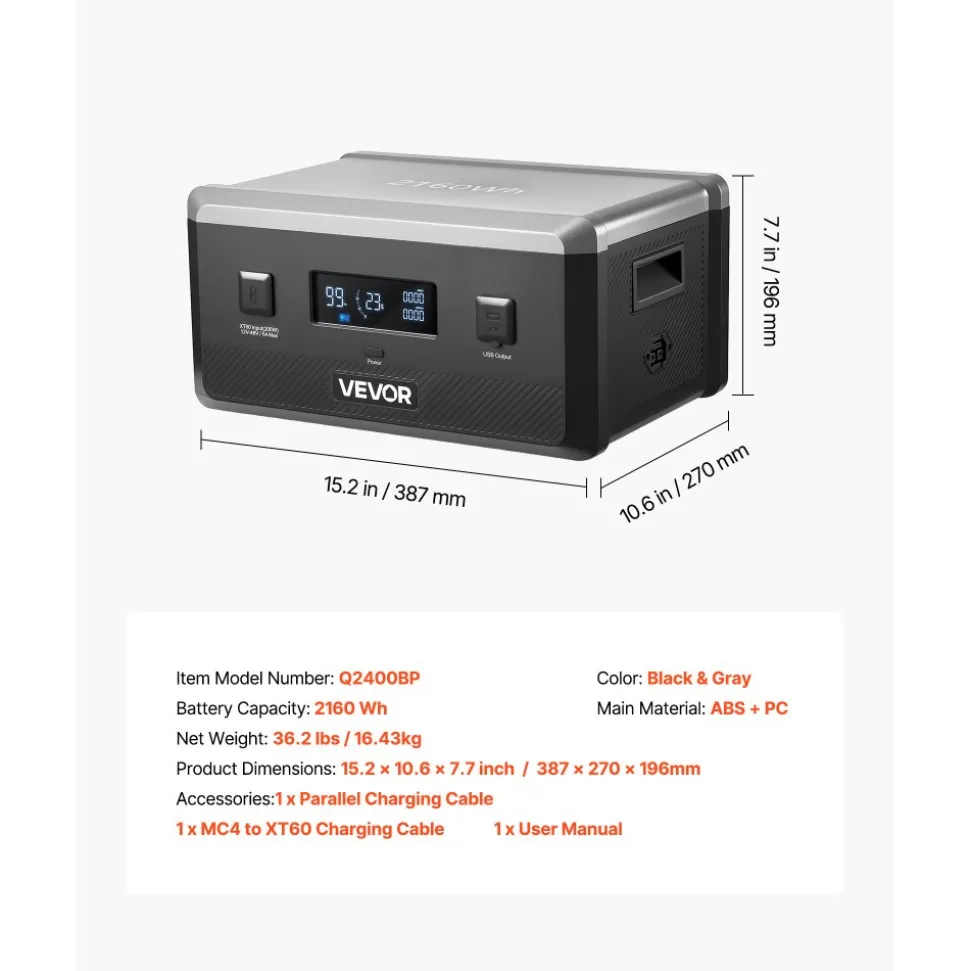 VEVOR Extra Battery for Portable Power Station, 2160Wh LiFePO4 Extra Expansion Battery with 3 Output Ports for Home Use, Outdoor Camping, Road Trips, RVs, Emergencies
