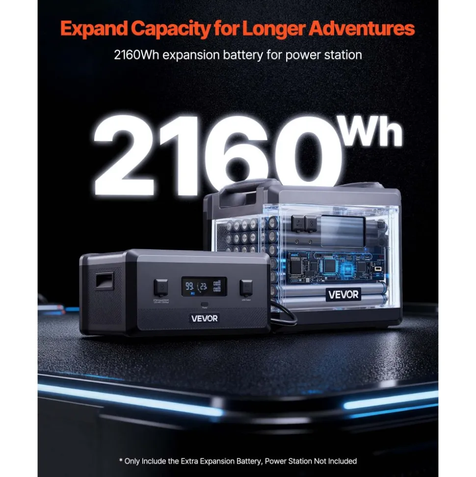 VEVOR Extra Battery for Portable Power Station, 2160Wh LiFePO4 Extra Expansion Battery with 3 Output Ports for Home Use, Outdoor Camping, Road Trips, RVs, Emergencies
