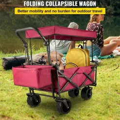 VEVOR Extra Large Collapsible Garden Cart with Removable Canopy, Folding Wagon Utility Carts with Wheels and Rear Storage, Wagon Cart for Garden, Camping, Grocery Cart, Shopping Cart, Red
