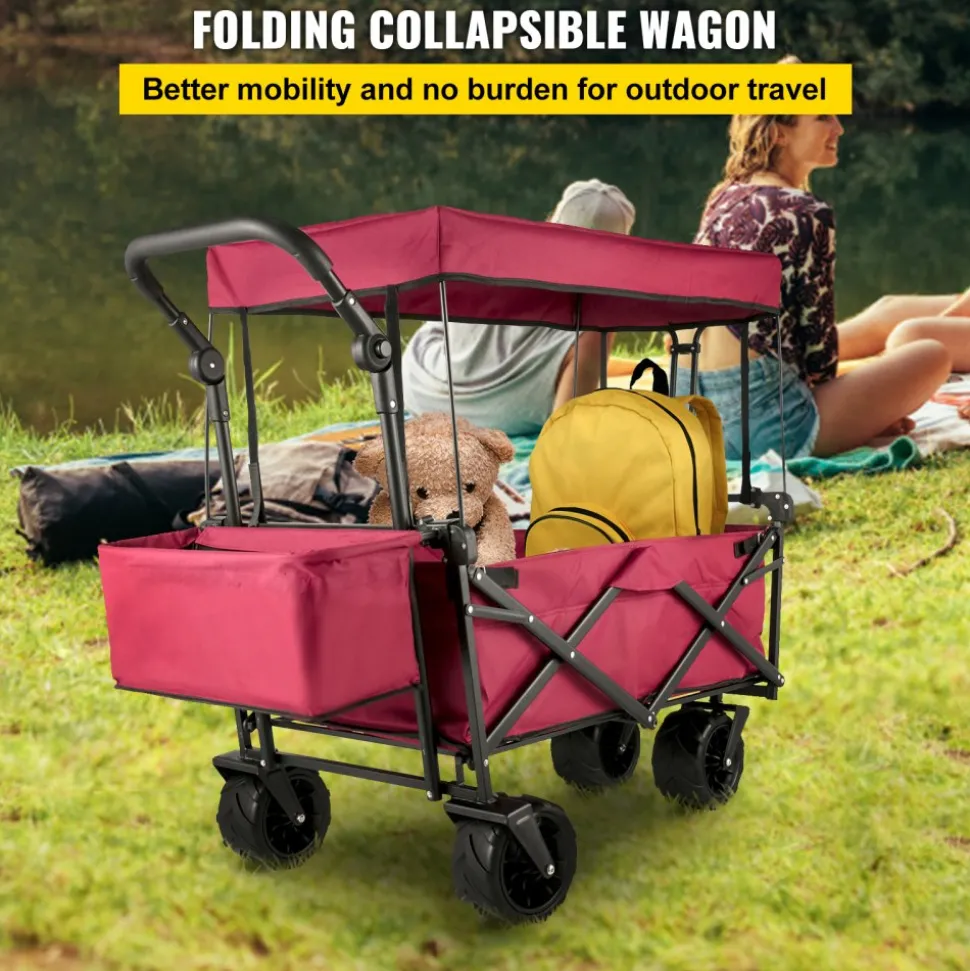 VEVOR Extra Large Collapsible Garden Cart with Removable Canopy, Folding Wagon Utility Carts with Wheels and Rear Storage, Wagon Cart for Garden, Camping, Grocery Cart, Shopping Cart, Red