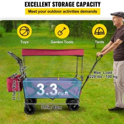 VEVOR Extra Large Collapsible Garden Cart with Removable Canopy, Folding Wagon Utility Carts with Wheels and Rear Storage, Wagon Cart for Garden, Camping, Grocery Cart, Shopping Cart, Red