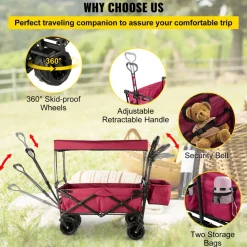 VEVOR Extra Large Collapsible Garden Cart with Removable Canopy, Folding Wagon Utility Carts with Wheels and Rear Storage, Wagon Cart for Garden, Camping, Grocery Cart, Shopping Cart, Red