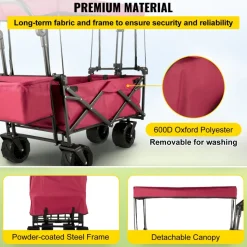 VEVOR Extra Large Collapsible Garden Cart with Removable Canopy, Folding Wagon Utility Carts with Wheels and Rear Storage, Wagon Cart for Garden, Camping, Grocery Cart, Shopping Cart, Red
