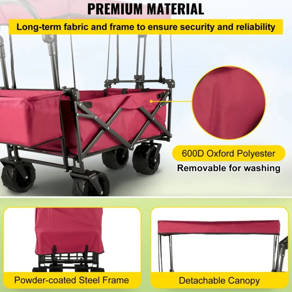 VEVOR Extra Large Collapsible Garden Cart with Removable Canopy, Folding Wagon Utility Carts with Wheels and Rear Storage, Wagon Cart for Garden, Camping, Grocery Cart, Shopping Cart, Red