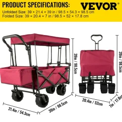 VEVOR Extra Large Collapsible Garden Cart with Removable Canopy, Folding Wagon Utility Carts with Wheels and Rear Storage, Wagon Cart for Garden, Camping, Grocery Cart, Shopping Cart, Red