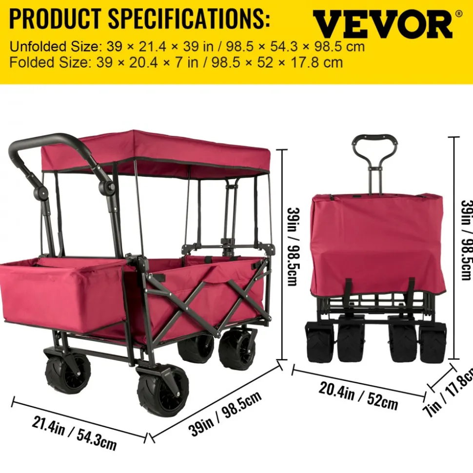VEVOR Extra Large Collapsible Garden Cart with Removable Canopy, Folding Wagon Utility Carts with Wheels and Rear Storage, Wagon Cart for Garden, Camping, Grocery Cart, Shopping Cart, Red