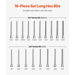 VEVOR Extra Long Allen Hex Bit Socket Set, 18-Piece 3/8 inch Drive, S2 Alloy Steel and Cr-V Steel, Standard SAE and Metric 1/8-Inch-3/8-Inch, 3-12mm, with Enhanced Storage Case, for Mechanics