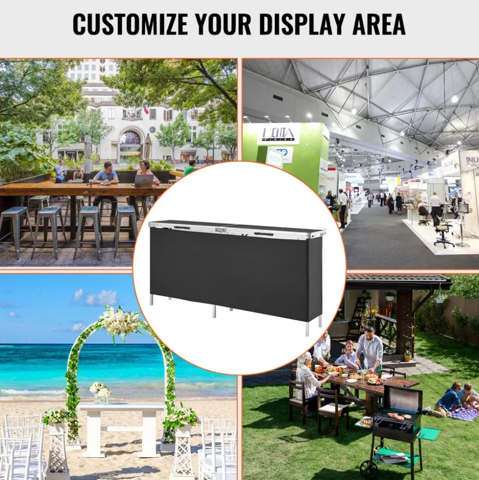 VEVOR Extra Long Folding Portable Bar Table - Tradeshow Podium Table for Indoor, Outdoor, Party, Picnic, Exhibition, Includes Carrying Case, Storage Shelf and Black Skirt, 77.95" x 15.16" x 34.65"