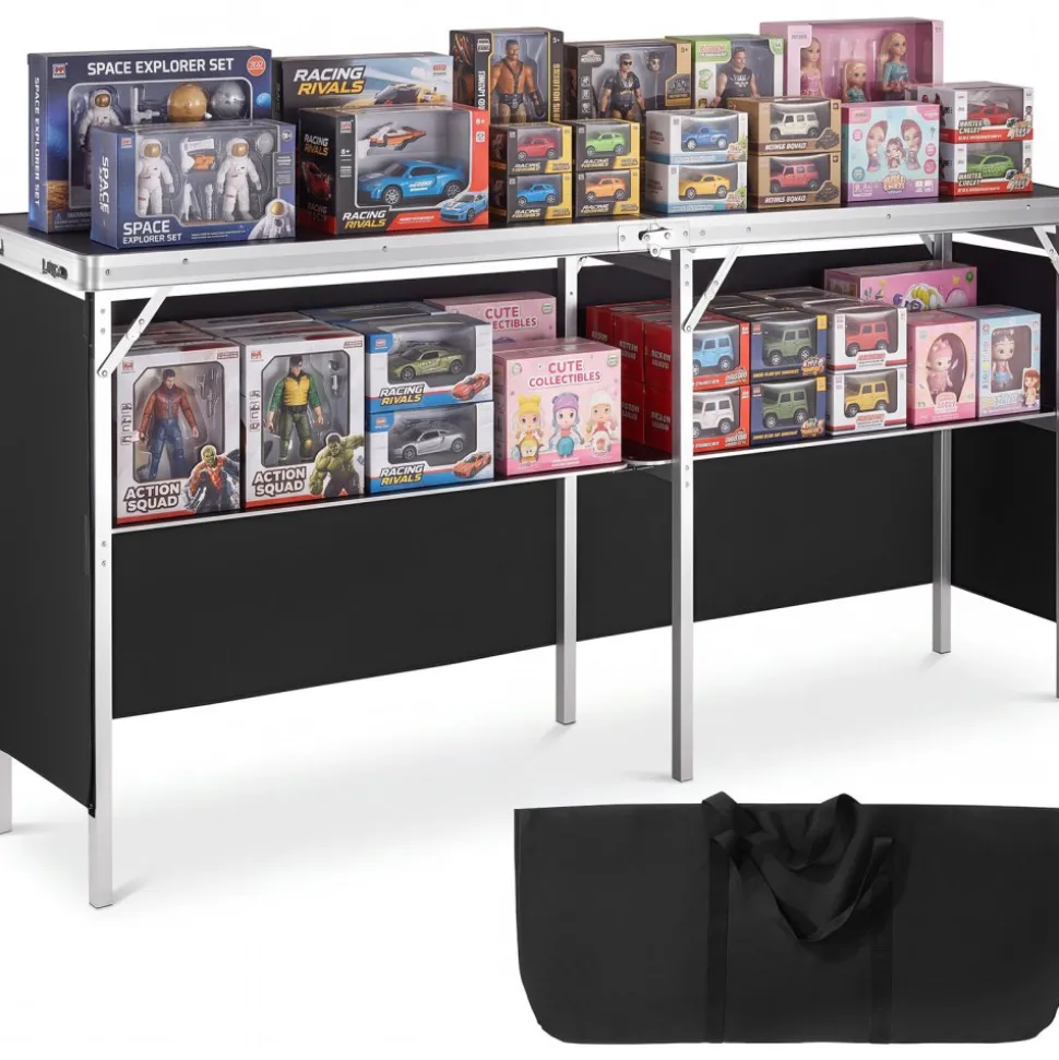VEVOR Extra Long Folding Portable Bar Table - Tradeshow Podium Table for Indoor, Outdoor, Party, Picnic, Exhibition, Includes Carrying Case, Storage Shelf and Black Skirt, 77.95" x 15.16" x 34.65"