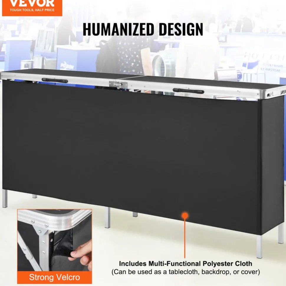VEVOR Extra Long Folding Portable Bar Table - Tradeshow Podium Table for Indoor, Outdoor, Party, Picnic, Exhibition, Includes Carrying Case, Storage Shelf and Black Skirt, 77.95" x 15.16" x 34.65"
