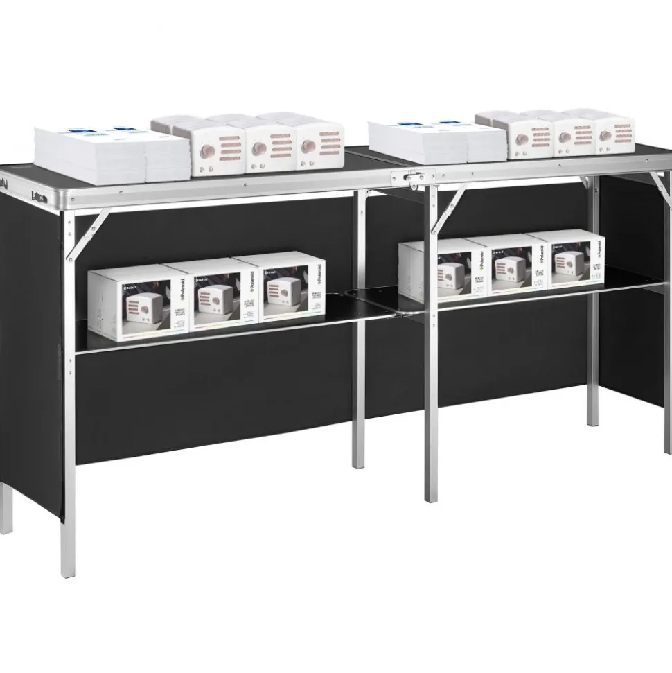 VEVOR Extra Long Folding Portable Bar Table - Tradeshow Podium Table for Indoor, Outdoor, Party, Picnic, Exhibition, Includes Carrying Case, Storage Shelf and Black Skirt, 77.95" x 15.16" x 34.65"