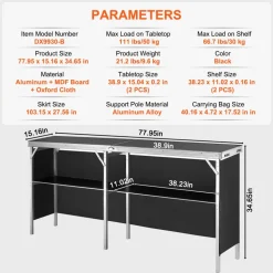 VEVOR Extra Long Folding Portable Bar Table - Tradeshow Podium Table for Indoor, Outdoor, Party, Picnic, Exhibition, Includes Carrying Case, Storage Shelf and Black Skirt, 77.95