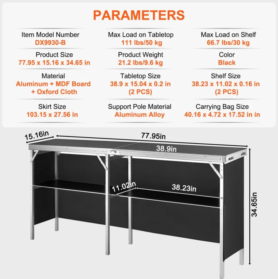 VEVOR Extra Long Folding Portable Bar Table - Tradeshow Podium Table for Indoor, Outdoor, Party, Picnic, Exhibition, Includes Carrying Case, Storage Shelf and Black Skirt, 77.95" x 15.16" x 34.65"