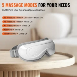VEVOR Eye Massager with Heat, Heated Eye Massage Mask with 5 Modes and Bluetooth Music, 180° Foldable Eye Care Massager for Migraines, Eye Strain, Dark Circles, Ideal Gift for Mom/Dad, White