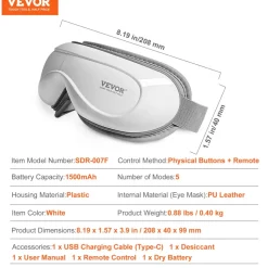 VEVOR Eye Massager with Heat & Remote, Heated Eye Massage Mask with 5 Modes and Bluetooth Music, 180° Foldable Eye Care Massager for Eye Strain, Dry Eyes, Dark Circles, Ideal Gift for Mom/Dad, Black