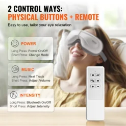 VEVOR Eye Massager with Heat & Remote, Heated Eye Massage Mask with 5 Modes and Bluetooth Music, 180° Foldable Eye Care Massager for Eye Strain, Dry Eyes, Dark Circles, Ideal Gift for Mom/Dad, Black