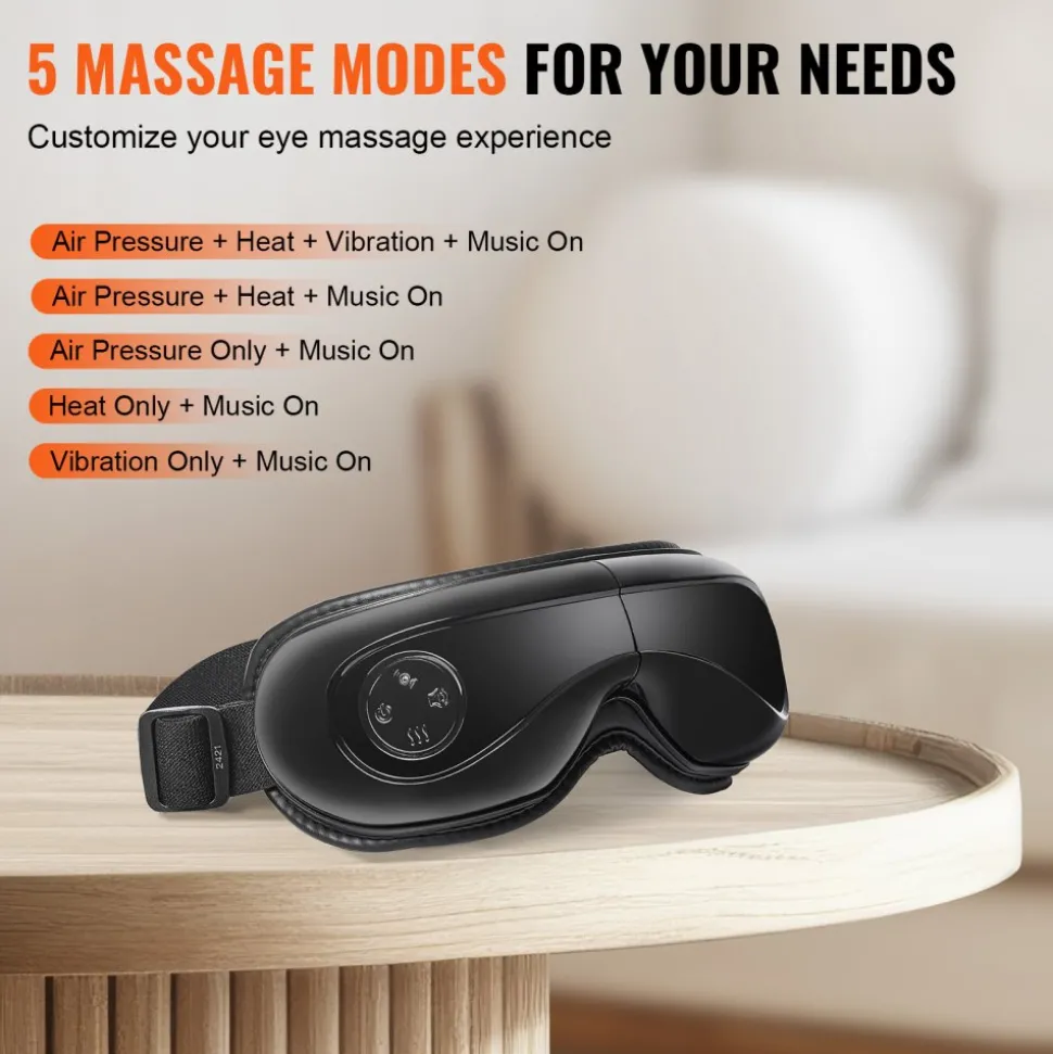 VEVOR Eye Massager with Heat & Remote, Heated Eye Massage Mask with 5 Modes and Bluetooth Music, 180° Foldable Eye Care Massager for Eye Strain, Dry Eyes, Dark Circles, Ideal Gift for Mom/Dad, Black