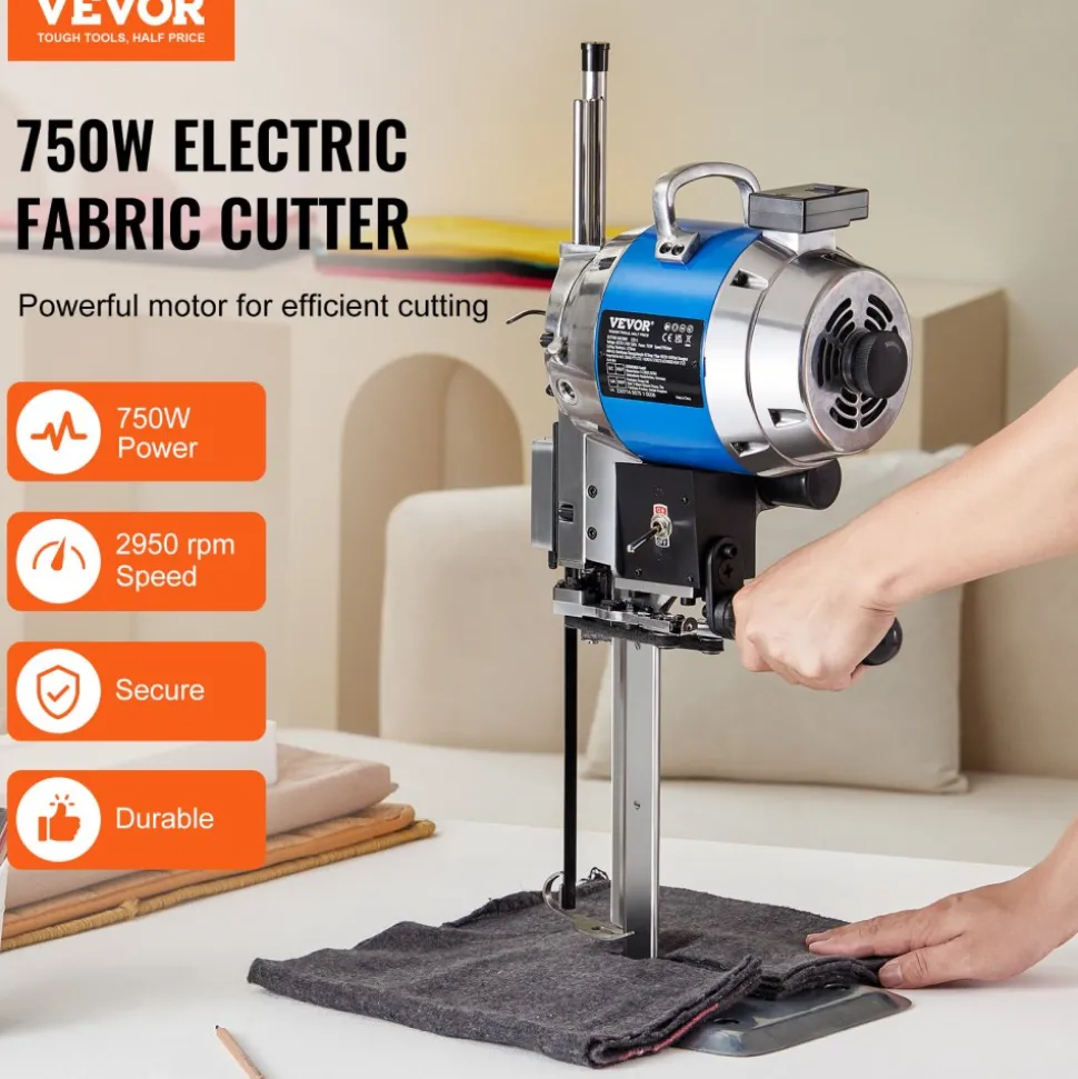 VEVOR Fabric Cutter, 750W High-Speed Straight Knife Cloth Cutting Machine, 9.8" Alloy Steel Blade, Industrial Fabric Cutting Machine with Automatic Knife Sharpen, for Multilayer Fabric Leather Cloth