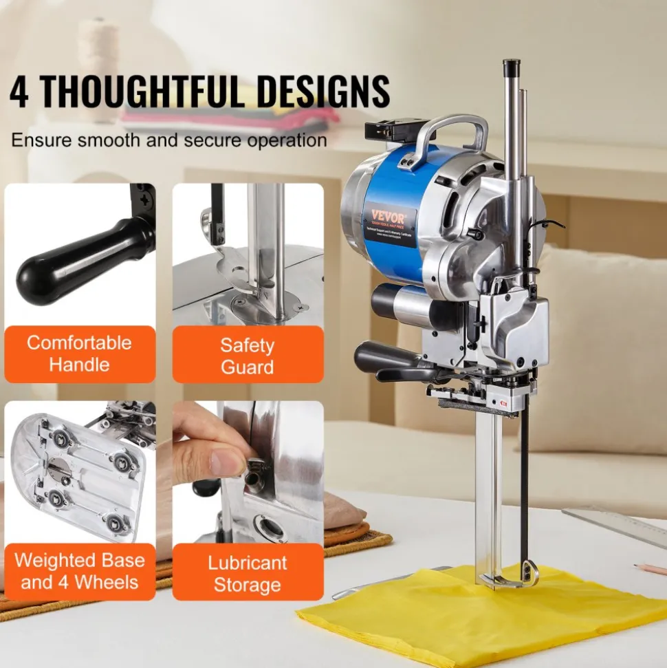 VEVOR Fabric Cutter, 750W High-Speed Straight Knife Cloth Cutting Machine, 9.8" Alloy Steel Blade, Industrial Fabric Cutting Machine with Automatic Knife Sharpen, for Multilayer Fabric Leather Cloth
