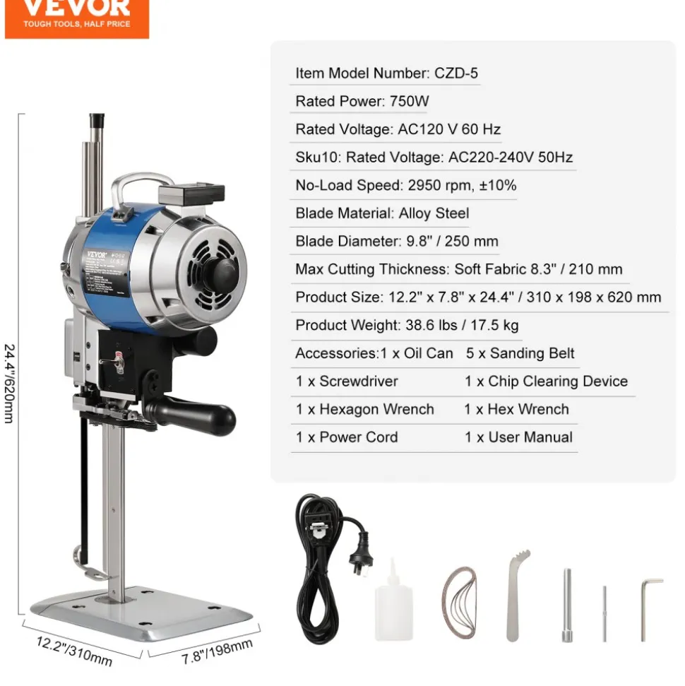 VEVOR Fabric Cutter, 750W High-Speed Straight Knife Cloth Cutting Machine, 9.8" Alloy Steel Blade, Industrial Fabric Cutting Machine with Automatic Knife Sharpen, for Multilayer Fabric Leather Cloth