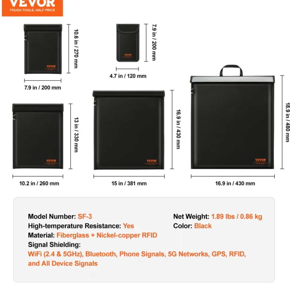 VEVOR Faraday Bag, 4 Pack Faraday Pouch Set for Laptop(16.9x15"), Tablet(13x10.2"), Phone(7.87x4.7") & Radio(10.6x7.8"), Fireproof Signal Blocking Holder Faraday Pouch for Anti-Theft & Anti-Hacking