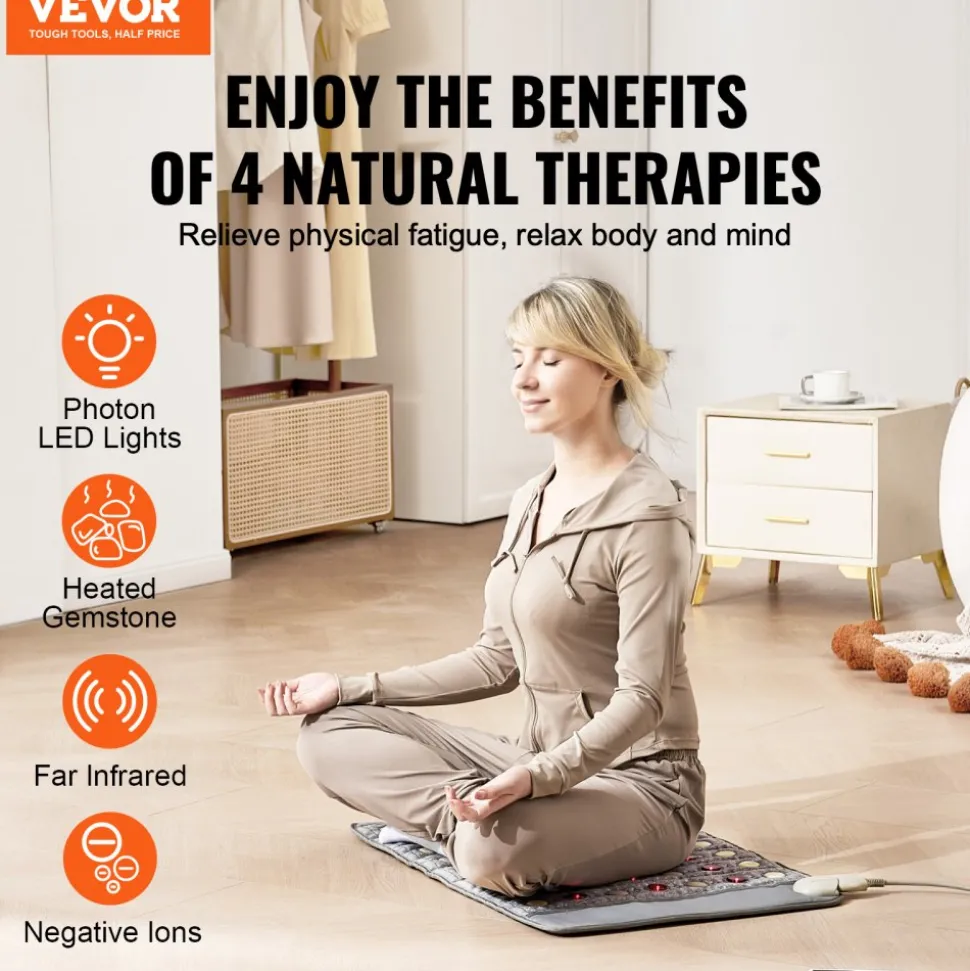 VEVOR Far Infrared Heating Pad, Amethyst Heating Pad with Jade & Tourmaline Stones, 660nm Photon Light & Negative Ions, 103-159℉ Hot Gemstones Mat with 0-12 Hours Timer for Pain Relief (32" x 20")