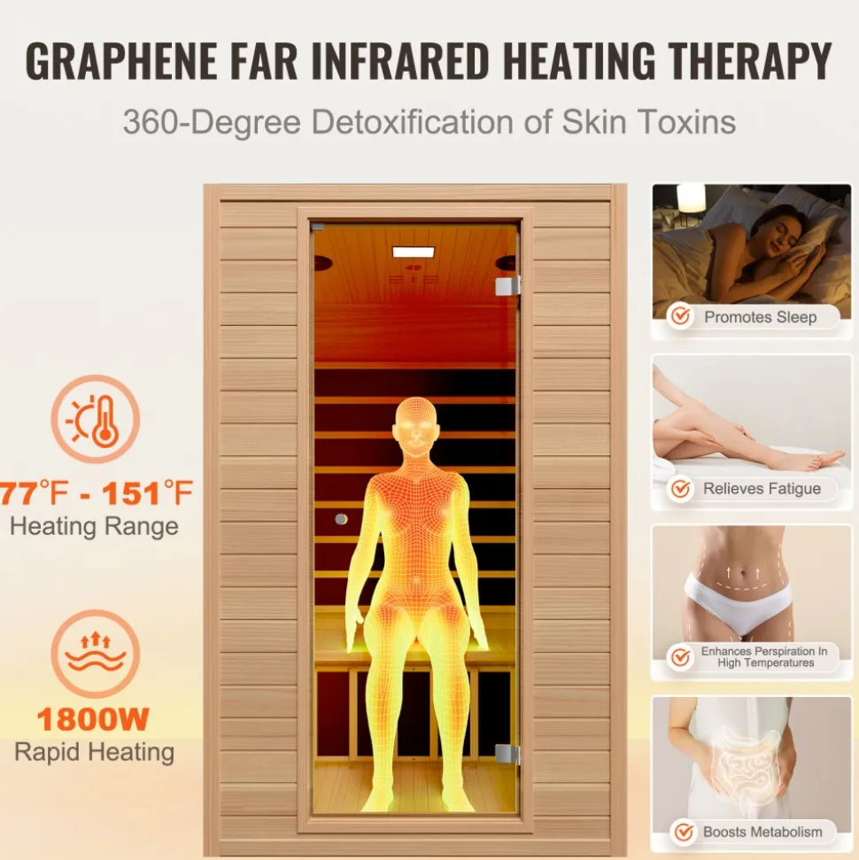 VEVOR Far Infrared Wooden Sauna, Room Home Sauna Spa for 3 to 4 Person, Low EMF Far Infrared Hemlock Wood Sauna with Tempered Glass Door & Bluetooth Speakers & Chromotherapy Lights, 2580W Indoor