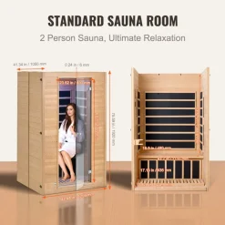 VEVOR Far Infrared Wooden Sauna, Room Home Sauna Spa for 2 Person, Low EMF Far Infrared Hemlock Wood Saunas with Tempered Glass Door & 2 Bluetooth Speakers, 1800W Indoor Use