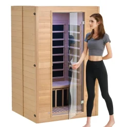 VEVOR Far Infrared Wooden Sauna, Room Home Sauna Spa for 3 to 4 Person, Low EMF Far Infrared Hemlock Wood Sauna with Tempered Glass Door & Bluetooth Speakers & Chromotherapy Lights, 2580W Indoor