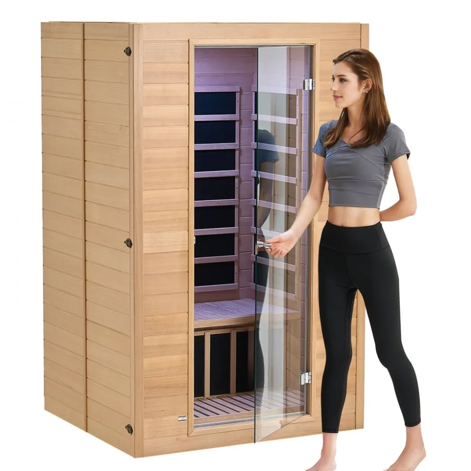 VEVOR Far Infrared Wooden Sauna, Room Home Sauna Spa for 3 to 4 Person, Low EMF Far Infrared Hemlock Wood Sauna with Tempered Glass Door & Bluetooth Speakers & Chromotherapy Lights, 2580W Indoor